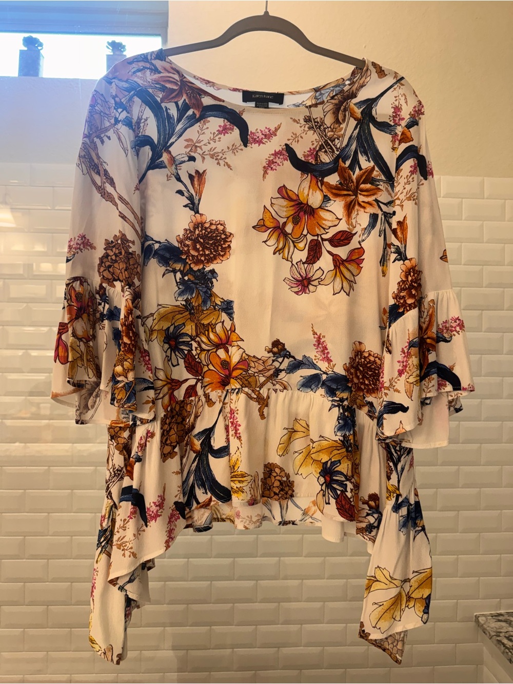 Karen Kane Cream Floral Bell-Sleeve Peplum Blouse